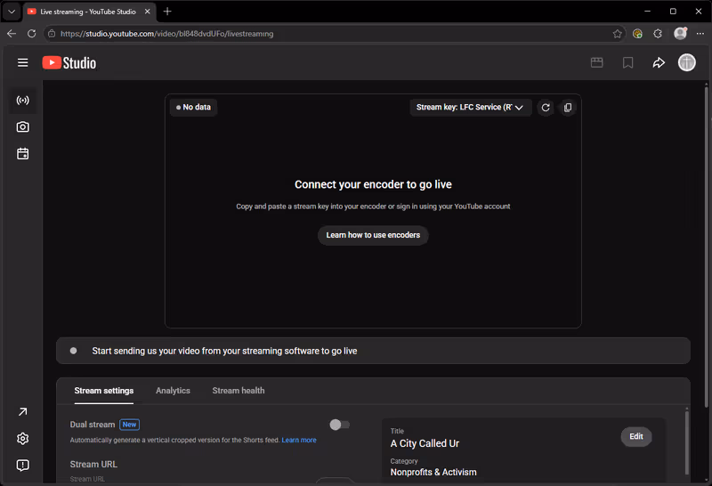 The YouTube Live streaming page showing the LFC Service stream key, a 