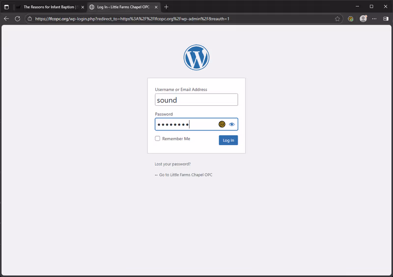 The WordPress login page for lfcopc.org with the username field showing 