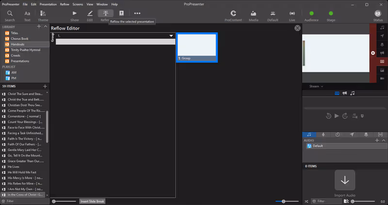 The ProPresenter Reflow Editor showing an empty slide group ready for lyrics, with an Insert Slide Break button at the bottom